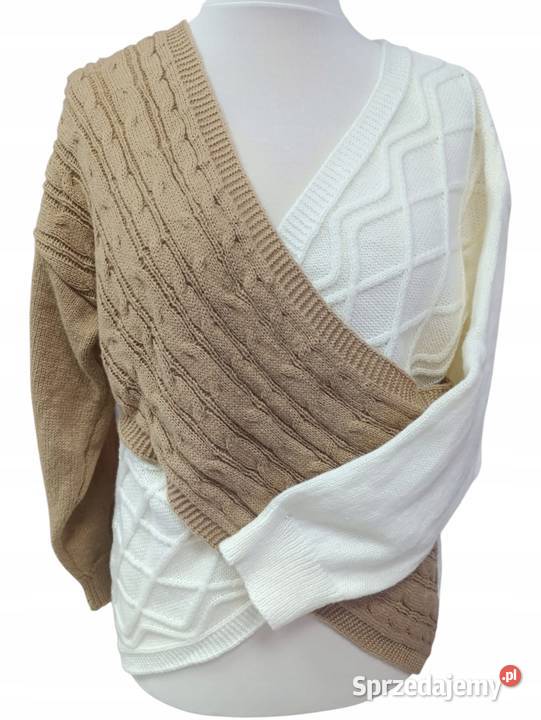 Sweter damski grubszy dwukolorowy Vneck Wieluń