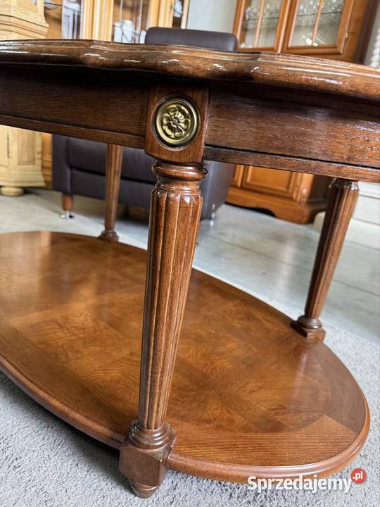 Drewniana owalna ława ze szklanym blatem i półka Ełk