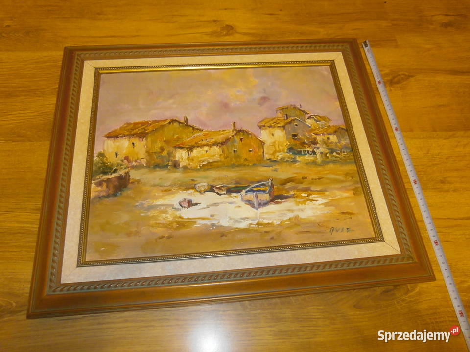Stary obraz w ramie płótno Wioska rybacka Łódź