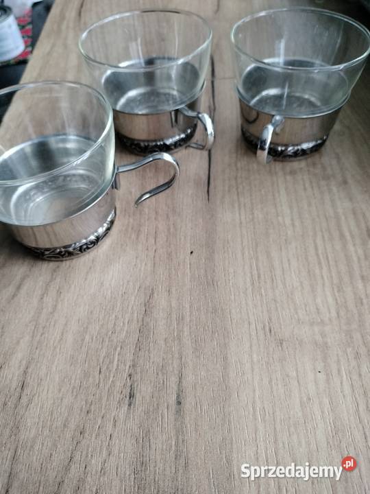 Trzy filiżanki z metalowymi uchwytami zestaw Choszczno sprzedam