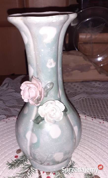 Ceramiczny wazon róże cieniowana malatura PRL Sosnowiec