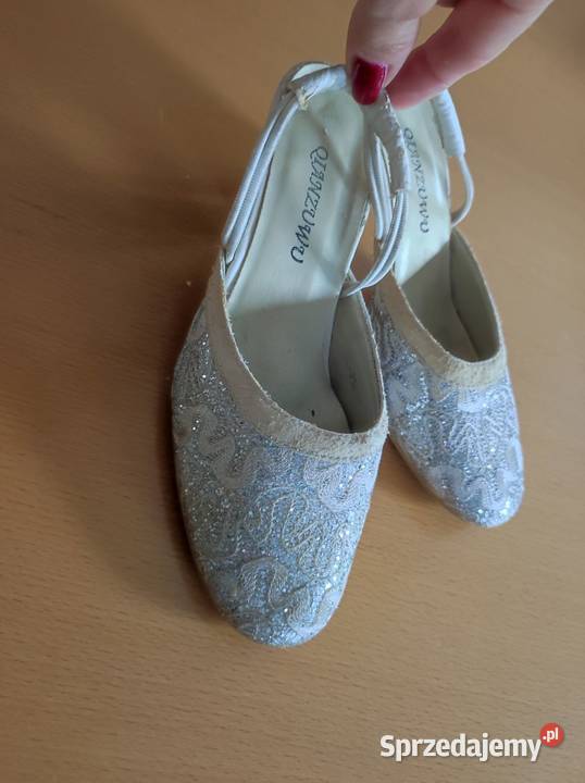 srebrne brokatowe vintage ślubne wizytowe buty Kielce