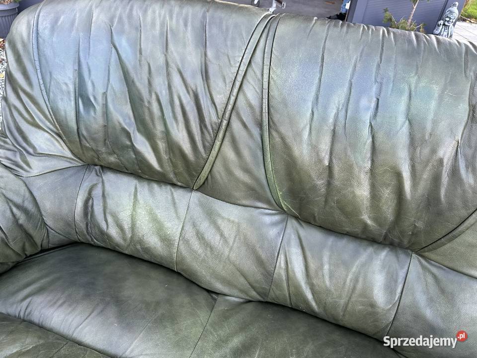 Masywny wypoczynek ze skóry na dębowym stelażu Komplety wypoczynkowe Sławoszewek sprzedam