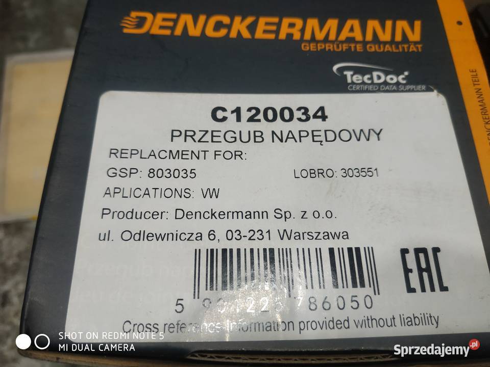 Przegub zewnętrzny AUDISEATSKODAVW DENCKERMANN Jaworzno