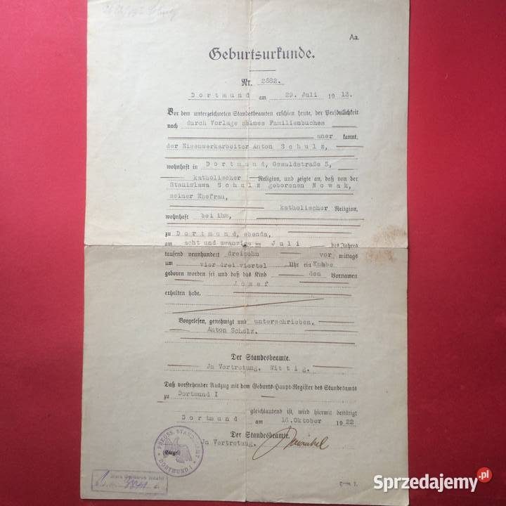 1310 Niemiecki Akt Urodzenia Szczecin