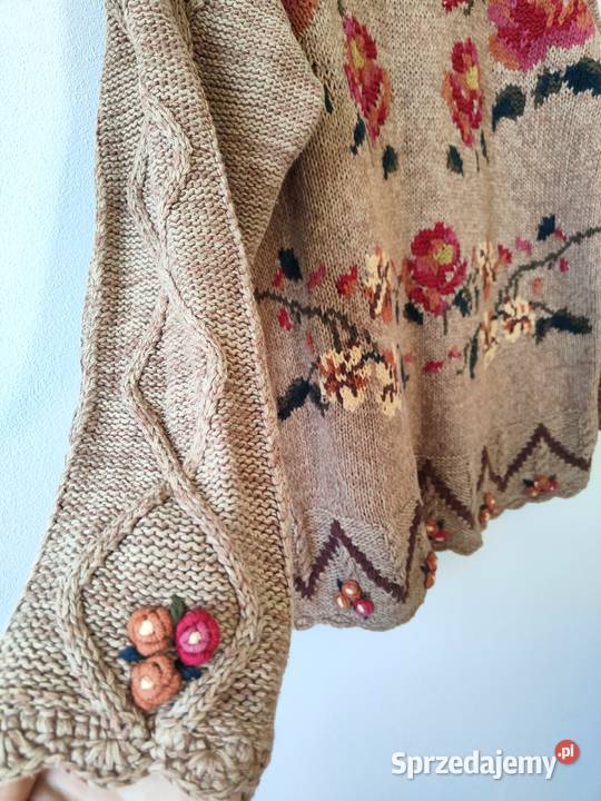 Piękny sweter beżowy Vintage Kwiaty Debenhams Jasło