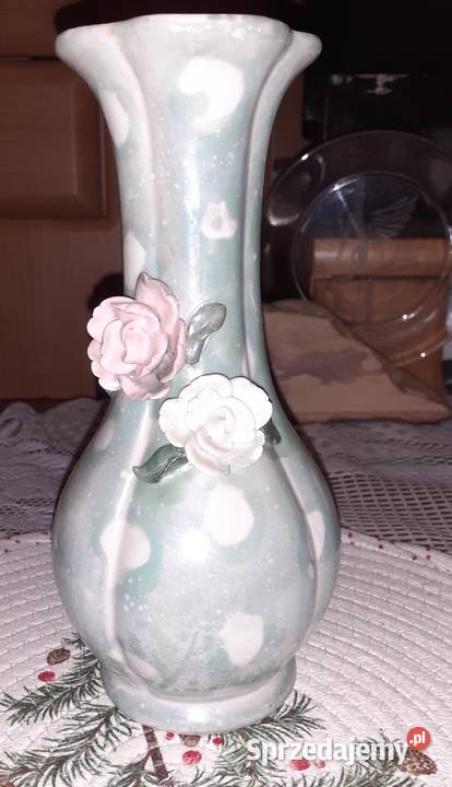 Ceramiczny wazon róże cieniowana malatura PRL Sosnowiec