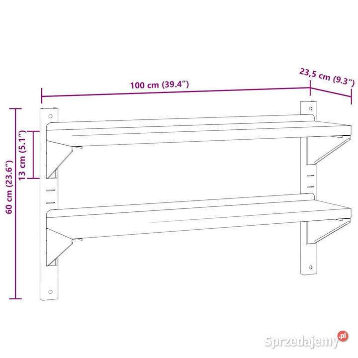 Półka ścienna podwójna 100x235x60 srebrna stal Półki Warszawa