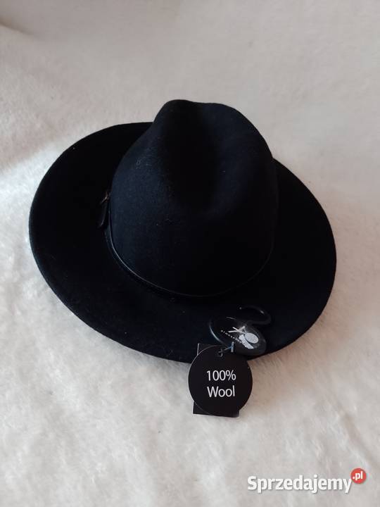 Wełniany Czarny kapelusz z Londynu 100 WełnaNOWY Kraków