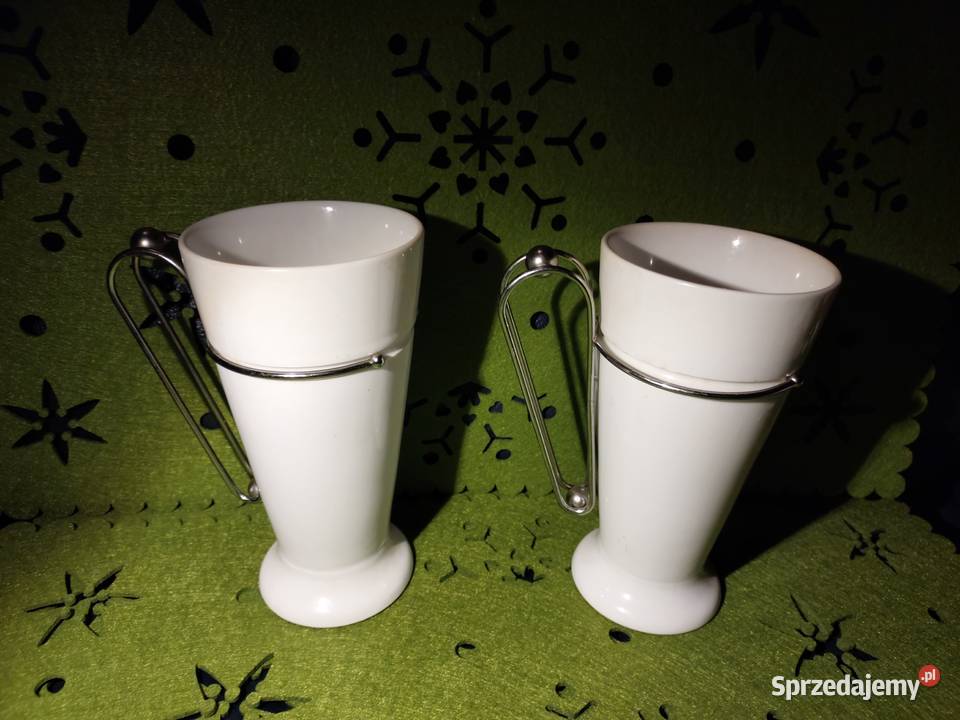 2 kubki wysokie białe rączka metal PRL dolnośląskie Wrocław sprzedam