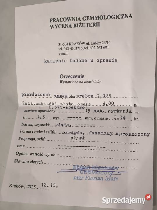 Pierścionek srebro 925 złoto 375 certyfikat Myślenice