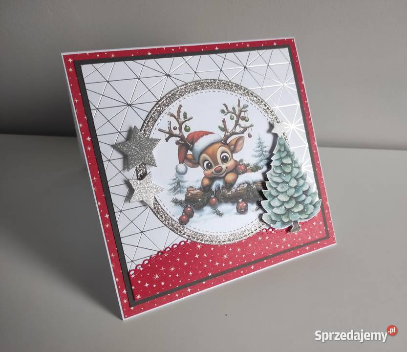 Kartka bożonarodzeniowa handmade z reniferem Rękodzieło Łódź