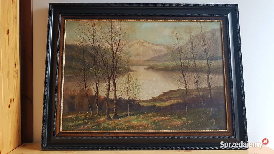 Stary duży olejny obraz pejzaż C Hartwig Dąbrowa Górnicza