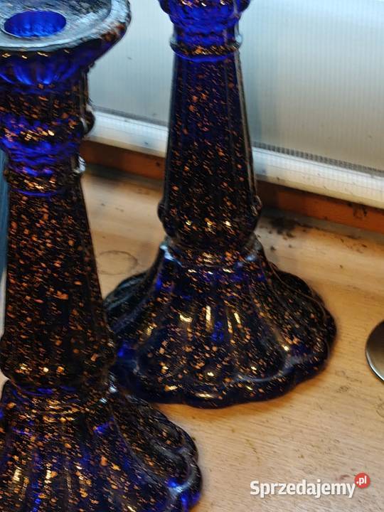 Świeczniki szkło Vintage kobaltowe Legnica