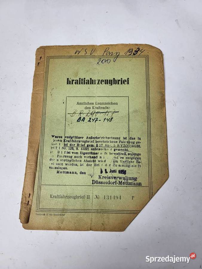 DOWÓD REJSTRACYJNY BRIF NSU PONY 1934