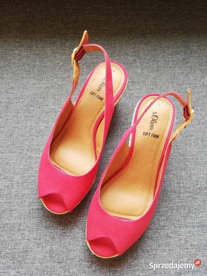 Czerwone espadryle na koturnie z platformą tkanina Warszawa