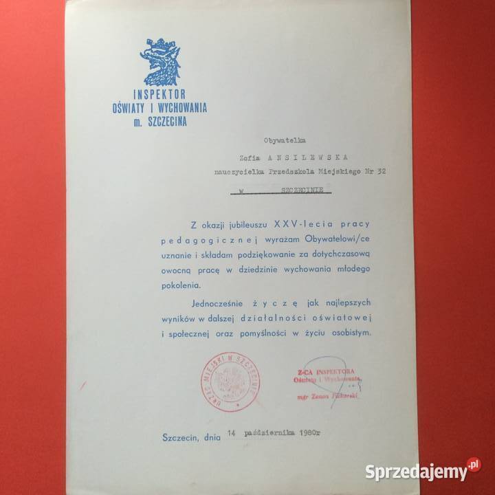 1839 Podziękowanie XXV lecie Pracy Ansilewska Szczecin