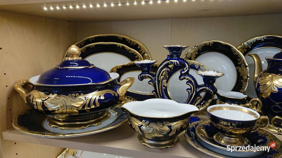 SERWIS Obiadowy Fryderyka Kobalt Złoty liść 12 Porcelana i szkło Wałbrzych sprzedam