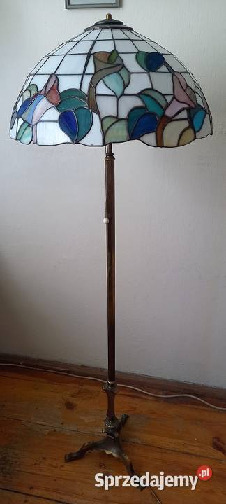 Mosiężna lampa podłogowa klosz witraż
