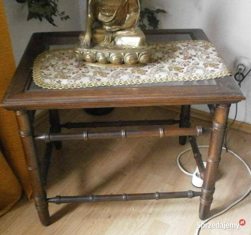 2 Stoliki drewniane ze szklanymi blatami lata 60