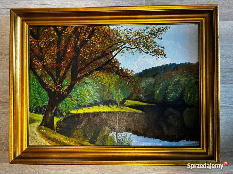 Piękny obraz w złotej ramie jesień rama złota Siedlisko