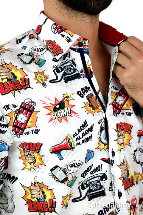 DANIEL BESSI Koszula Męska Fb042 Biała KOMIKS Odzież codzienna Ostrów Wielkopolski