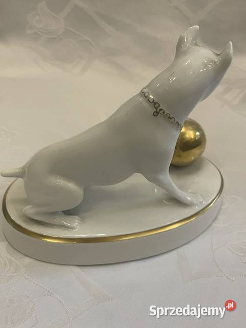 Porcelanowa figurka pieska z pozłacaną kulą LHS małopolskie Kraków