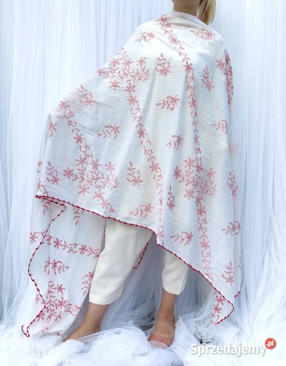 Duża chusta szal dupatta haftowana biała bawełna zachodniopomorskie Szczecin