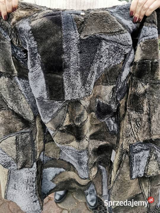 Piękny damski długi kożuch płaszcz kurtka Kaptur Łódź