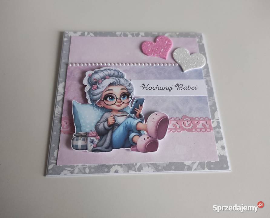 Kartka ręcznie robiona na Dzień Babci różowa Łódź