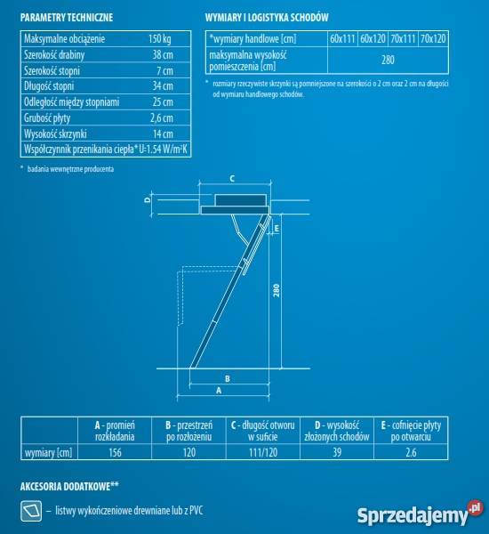 Schody strychowe 70x120 PORĘCZ DRĄŻEK OCIEPLONE