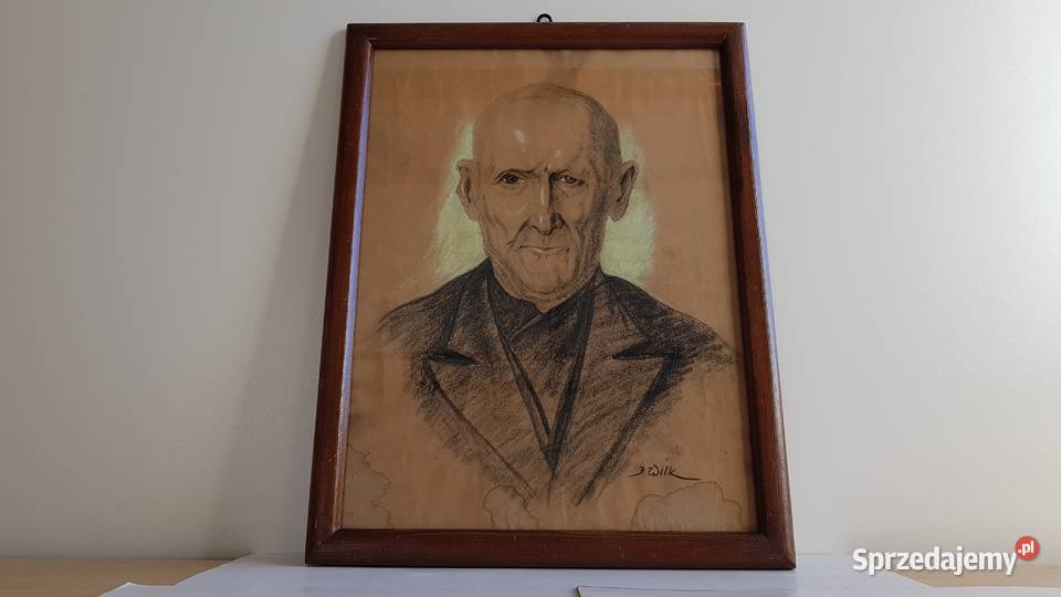 Stary obraz portret pastelkredka sygnowany Józef śląskie Dąbrowa Górnicza