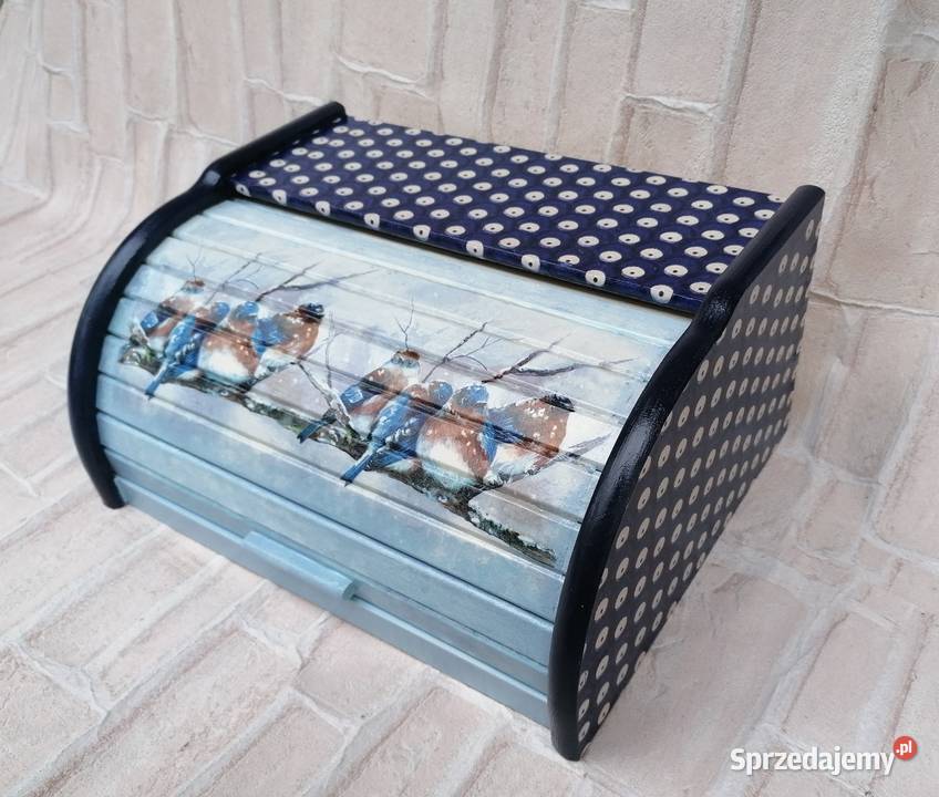 Chlebak z drewna decoupage Bolesławec sikorki Halinów