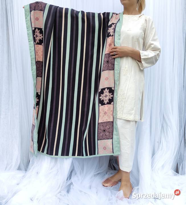 Duży szal w pasy orient granatowy miętowy zachodniopomorskie Szczecin