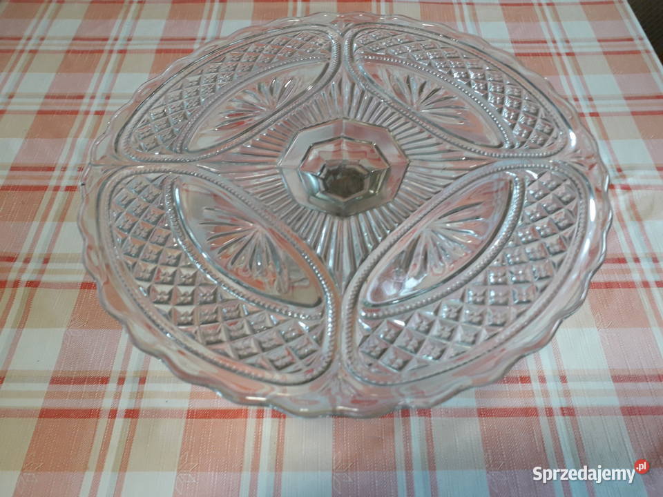 Patera szklana do ciasta z głębokiego PRLu Kraków