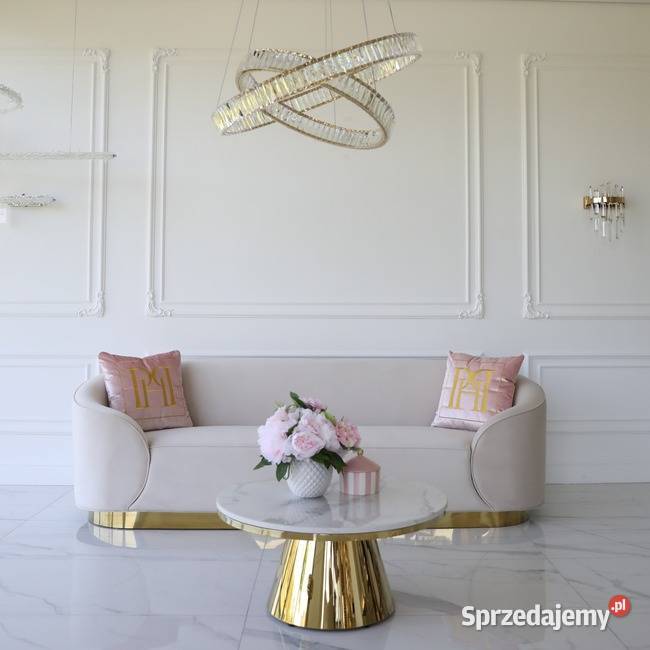 Ekskluzywna beżowa złota sofa glamour do salonu Warszawa