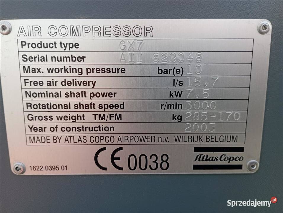 Sprężarka śrubowa kompresor ATLAS COPCO GX7 75kW Kompresory Wilków