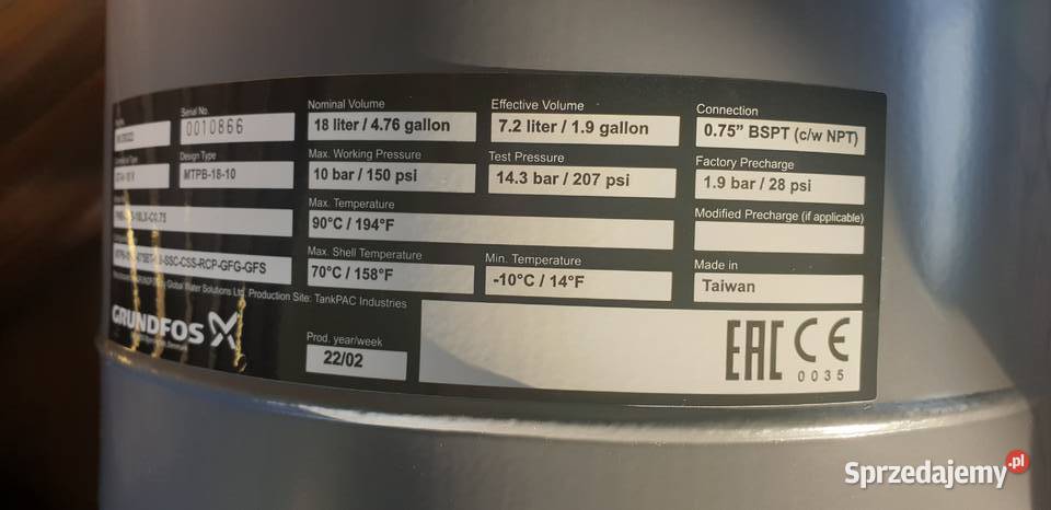 Zbiornik wyrównawczy przeponowy Grundfos nowy Święta