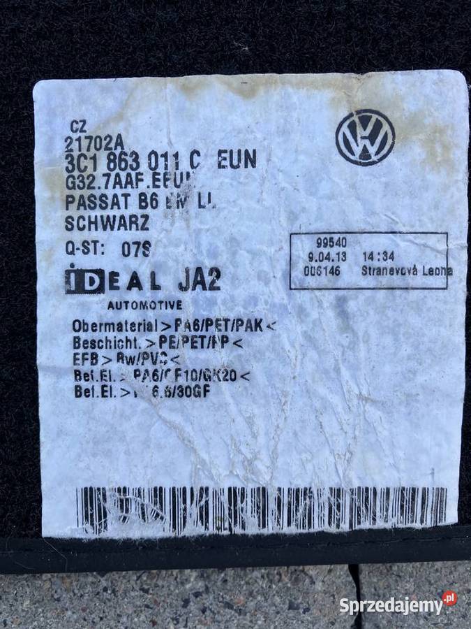 Vw Passat B6B7 dywaniki welurowe 3C1863011C Kłodzko sprzedam