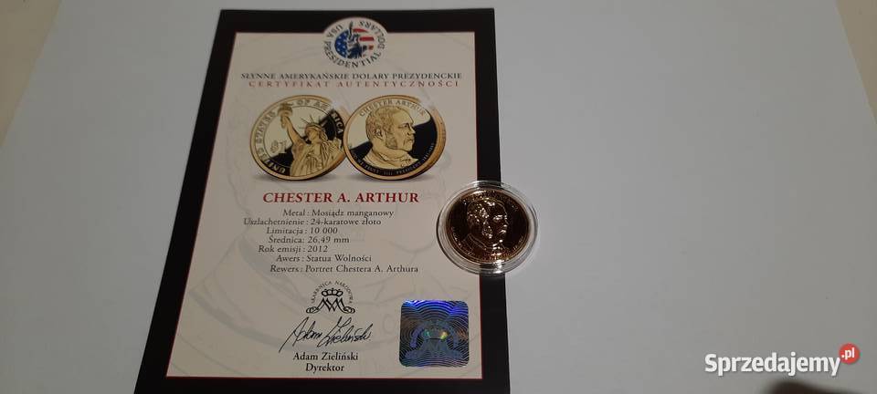 moneta 1 Dolar A ARTHUR 2012 CERTYFIKAT X9325 Warszawa
