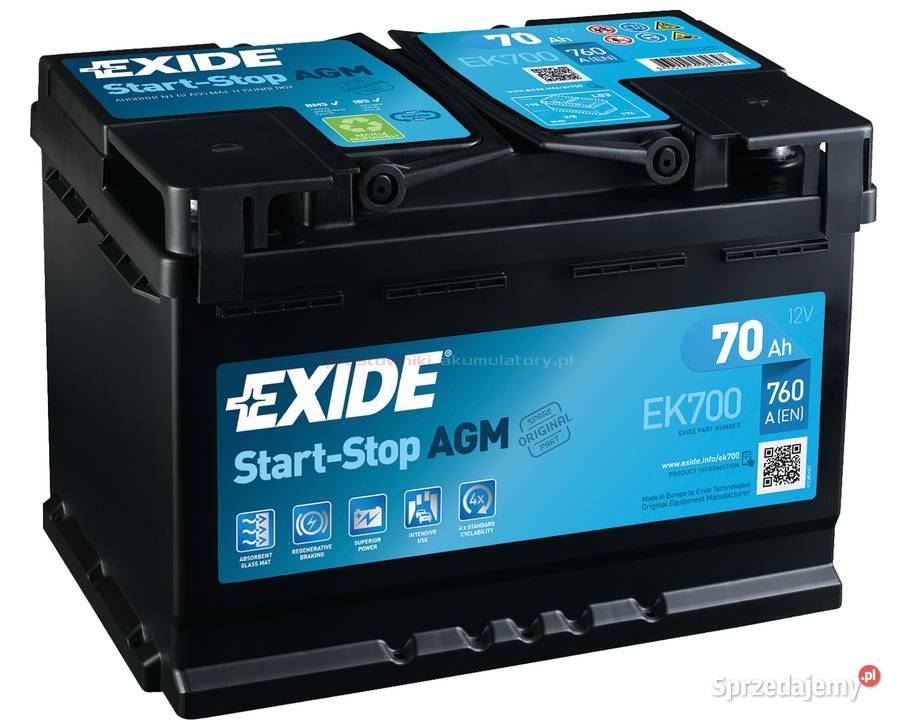Akumulator EXIDE AGM 70Ah 760A STARTSTOP EK700 kujawsko-pomorskie Bydgoszcz
