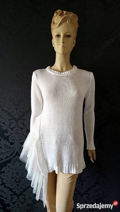 Sweter bawełniany z boku falbana z tiulu biały Gdańsk
