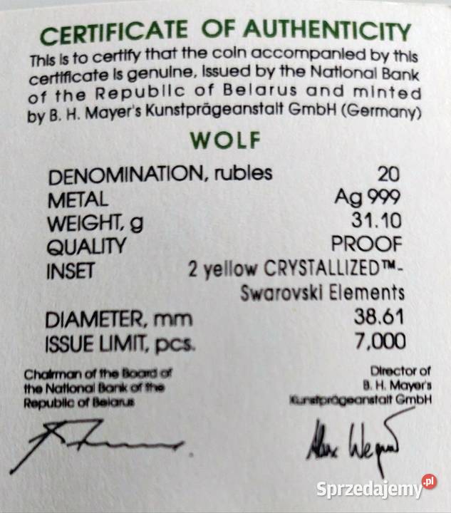 WILK srebrna moneta PROOF Ag999 z kryształami Oświęcim
