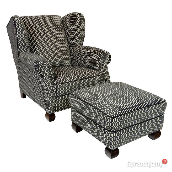 Klubowy fotel uszak z podnóżkiem lata 30 Polska Swarzędz