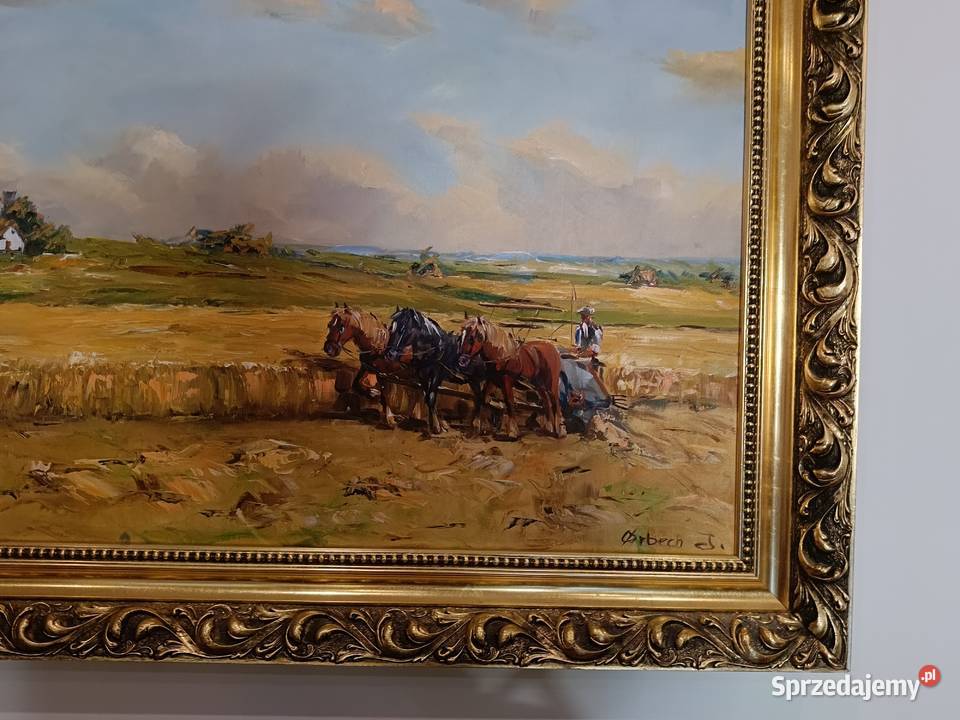 Duży obraz olejny na płótnie w pięknej ramie Lipno