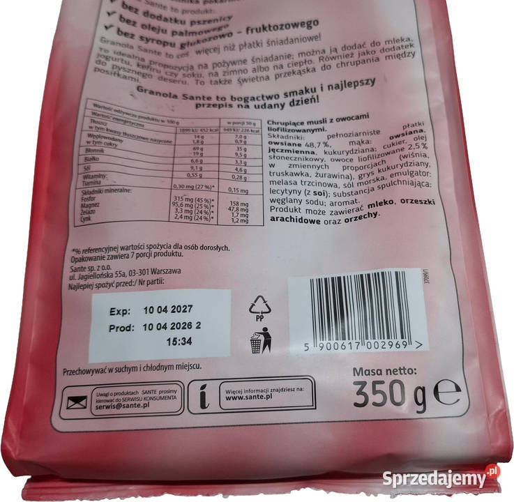 Granola z owocami truskawka żurawina wiśnia 350g Czeladź