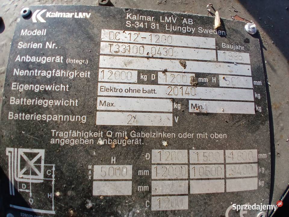 Wózek widłowy Widlak KALMAR LMV DC 121200 udźwig Złoczew sprzedam