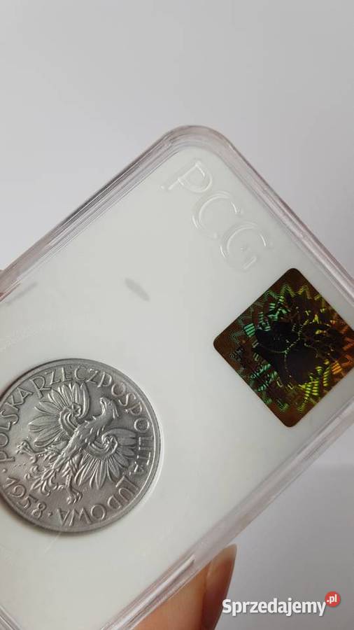 5 złotych Rybak 1958 wąska 8 AU55 holder PCG PRL Numizmatyka Dąbrowa Górnicza