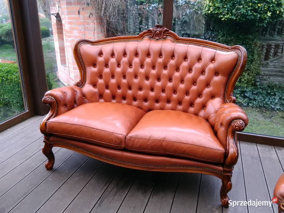 Sofa LUDWIK 2osobRzeźbiona Skóra Antyk Stan Kluki
