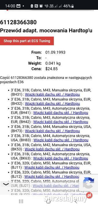 BMW e36 Cabrio przewody gniazda Hardtopa Lusowo